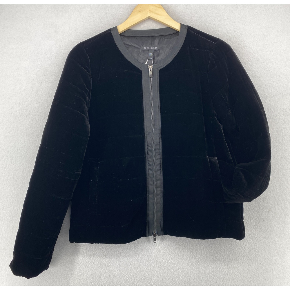 EILEEN FISHER Jacket XS Velvet Quilted Insulated Round Neck Full Zip Black NEW